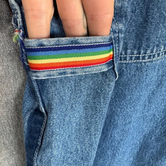 90s Vintage Revolt Blue Denim Rainbow Trim Straight Leg  Utility Overalls Size L - Picture 9 of 16